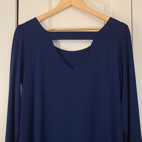 Eileen Fisher Knit Shift Dress Keyhole Back Long Sleeve Blue Size L Petite - Picture 8 of 14